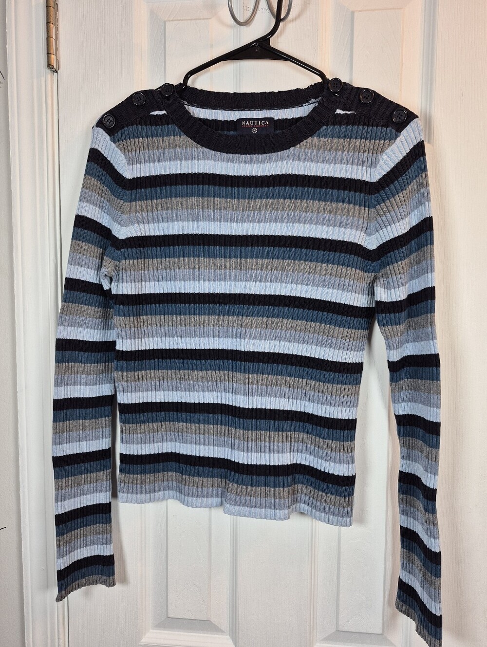 Nautica Ribbed Striped Cotton Sweater L Nautical Coastal Midi-Atlantic Style